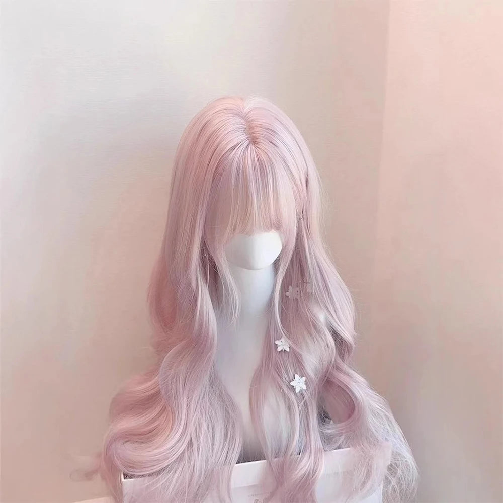 Pink Wavy Synthetic Wig with Bangs Natural Long Curly Hair Cosplay Lolita  Layered Wig for Women Daily Use Wig Heat Resistant