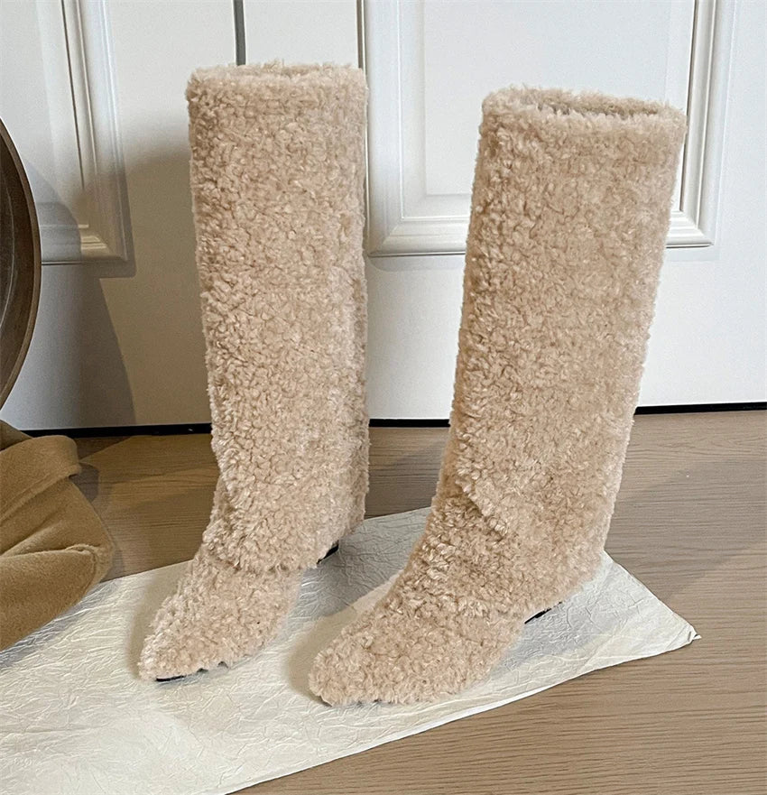 botas mujer Lamb's Wool Snow Boots for Women Pointy Toe Wedges Slip On Warm Hotties Knee High Boots  Winter Soft Furry Shoes