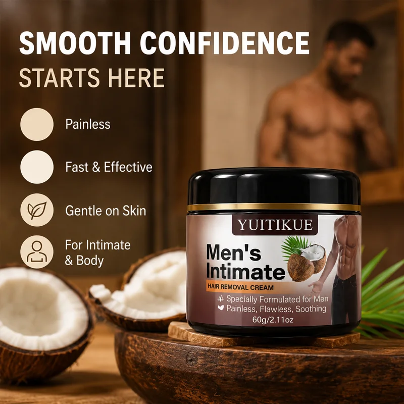YUITIKUE Men's Intimate Hair Removal Cream 60g - Painless Depilatory for Body & Private Area, Coconut Extract Gentle on Skin