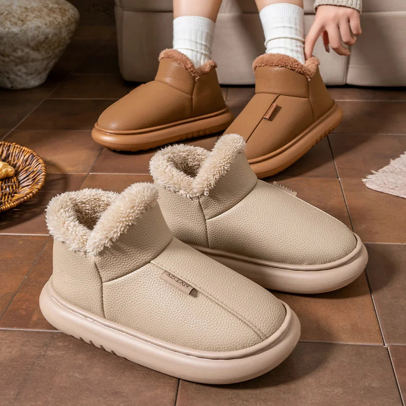 Warm Winter Snow Boots For Men Women PU Leather Waterproof House Slippers Thick Sole Fleece Lined Indoor Outdoor Couple Booties
