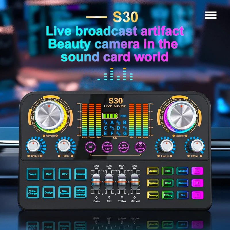 FUHAM S30 Audio Mixer, Live Sound Card with DJ Mixing Effects and Voice-Changing Features, Music Recording Equipment Sound Card