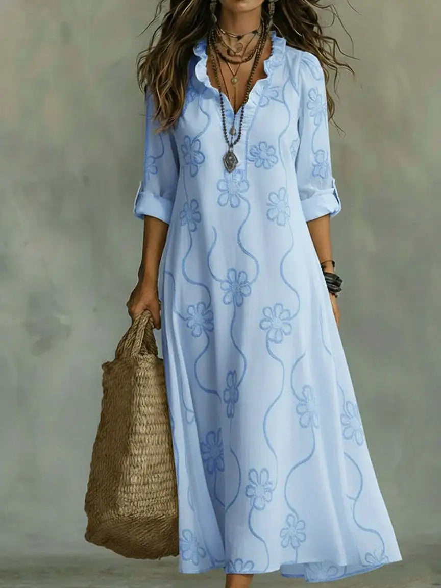 Fashion Printed Versatile Dress Lace Ruffled V-neck Long-sleeved Women's Summer Resort Style Commuter Long Dresses Vestidos 2026