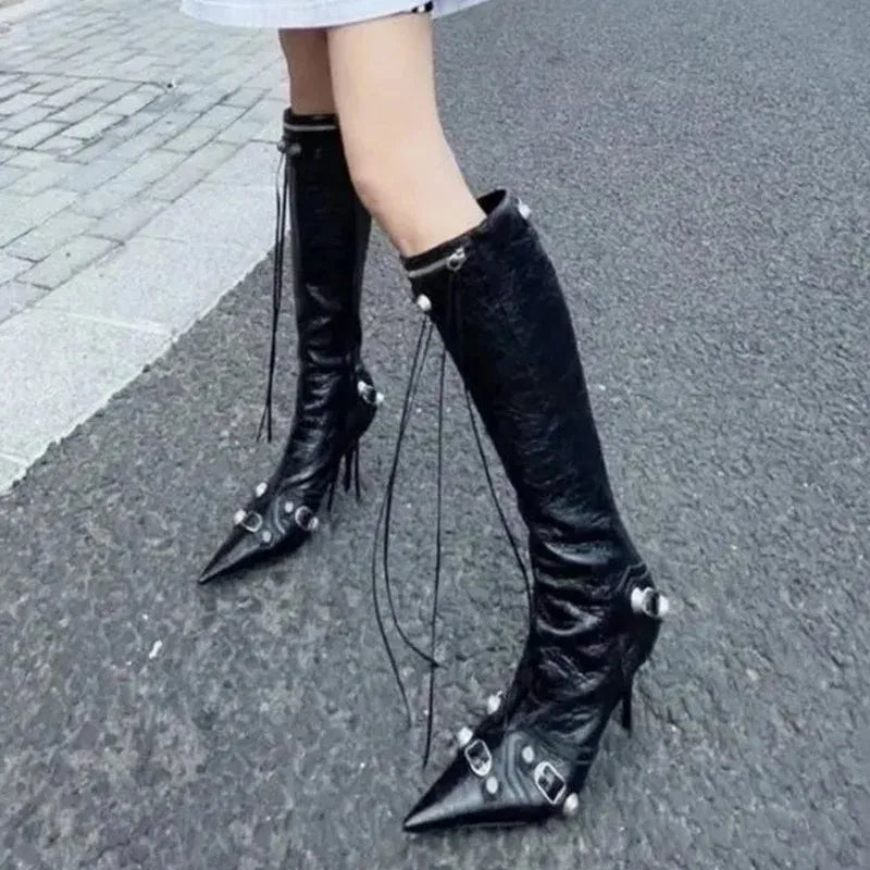 Women Sexy Chelsea Boots Pointed Toe High Heels Shoes Designer Winter New Stilettos Knee High Boots Pumps Motorcycle Botas