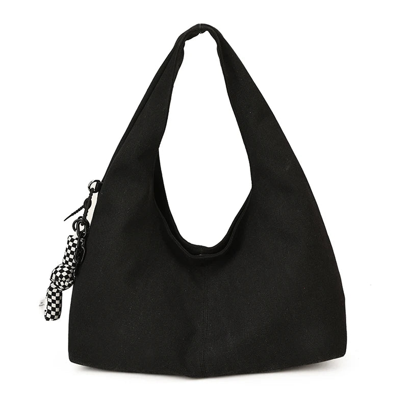 High Quality Big Tote Bags For Women Canvas Fabric Solid Color Large Capacity Underarm Shopper Shoulder Hobo Bag With Pendant