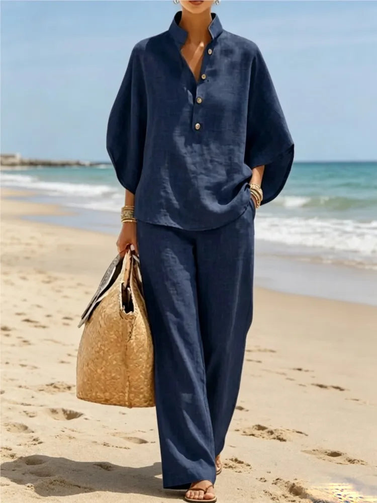 New Women's Casual Shirt Suit Fashion Elegant Balck Holiday Party 2 Piece Set Wide Leg Trousers 2-piece Set Retro Female Office