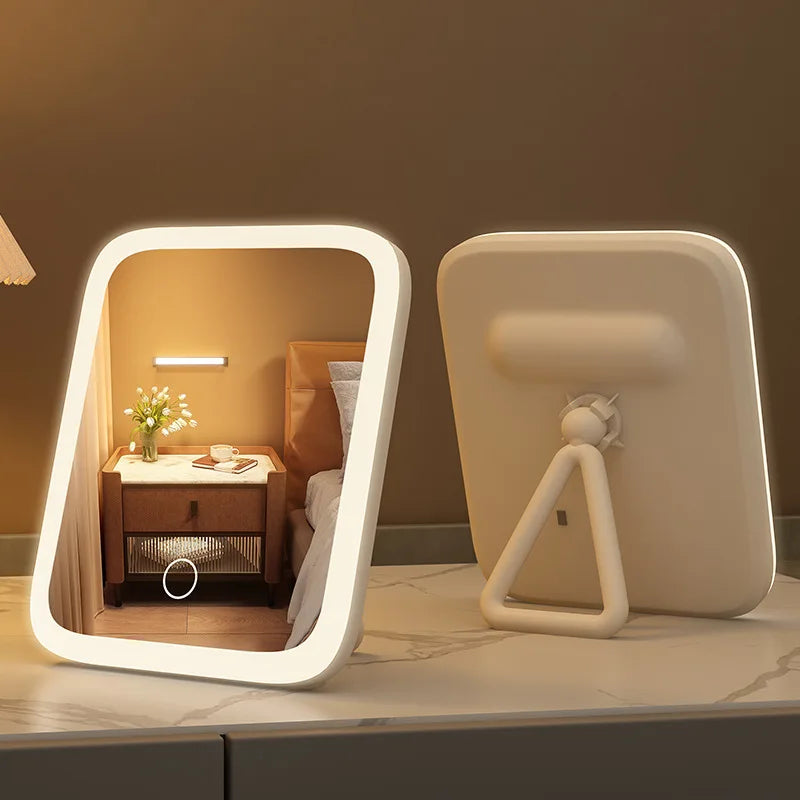 LED Desktop Fill Light Small Mirror, Makeup Mirror With Light,Girls Bedroom Dressing Table Mirror,3 Color Lights Vanity Mirror