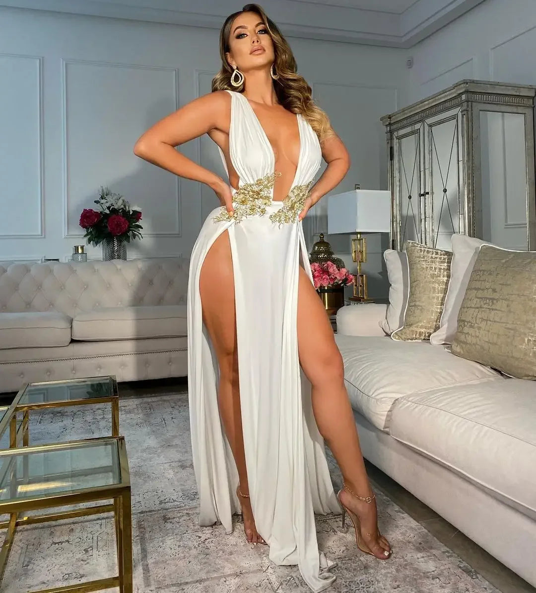Sexy Club Famous Brand Dress Solid Embroidery V-neck Sleeveless Summer Sexy Celebrity Party Maxi Dress Vestidos