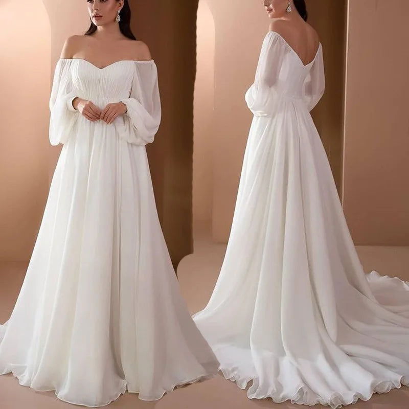 Dresses For Woman Elegant vestidos Solid Color Slim Robe Evening Dress Sexy One Line Neck Simple Style Long Sleeves Simple Style