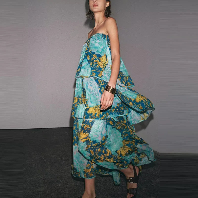 Elegant Floral Print Off-Shoulder Dress Street Style Vest Dress Spring 2025 ZADATA Polyester Fiber 100% Women's Fashion