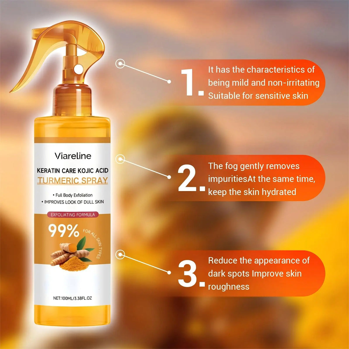 Keratin Care Kojic Acid Turmeric Spray Brightens Uneven Skin Tone Improves Dullness Full Body Use Skin Spray Smooth Skin