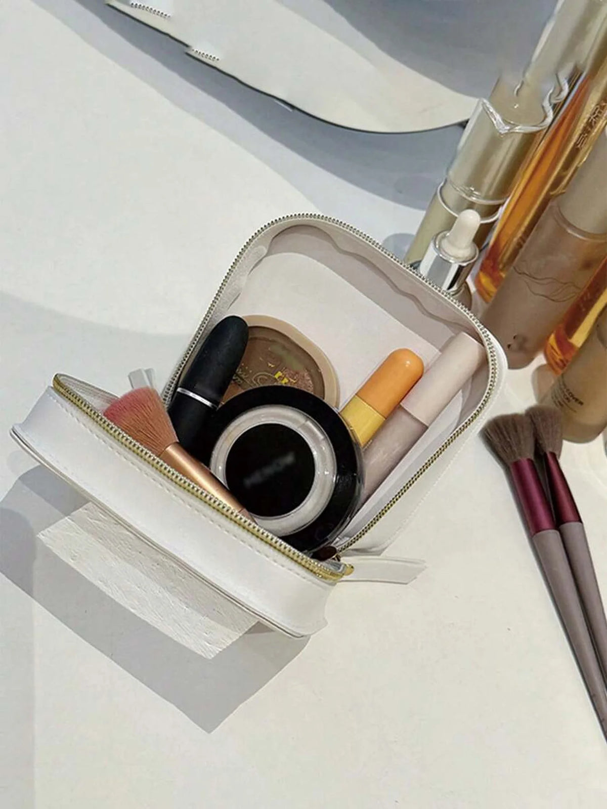Mini Clear Makeup Bag Pu Saffiano Vegan Faux Leather Cute Small Visible Window Storage Lipsticks Cosmetics Case for Purse Pouch