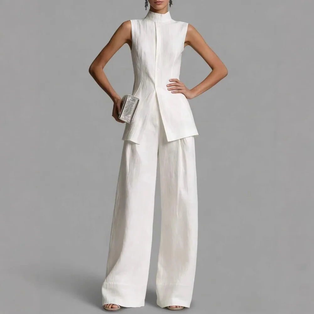 2026 Elegant Office Lady Commuting Simple Suit 2 Pieces Set Straight Pants Split Sleeveless Tops A Line High Collar Fashion Y2K