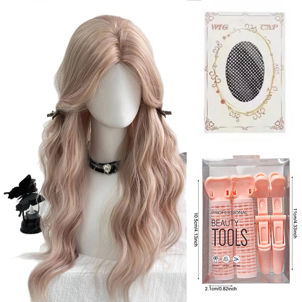 Pink Wavy Synthetic Wig with Bangs Natural Long Curly Hair Cosplay Lolita  Layered Wig for Women Daily Use Wig Heat Resistant