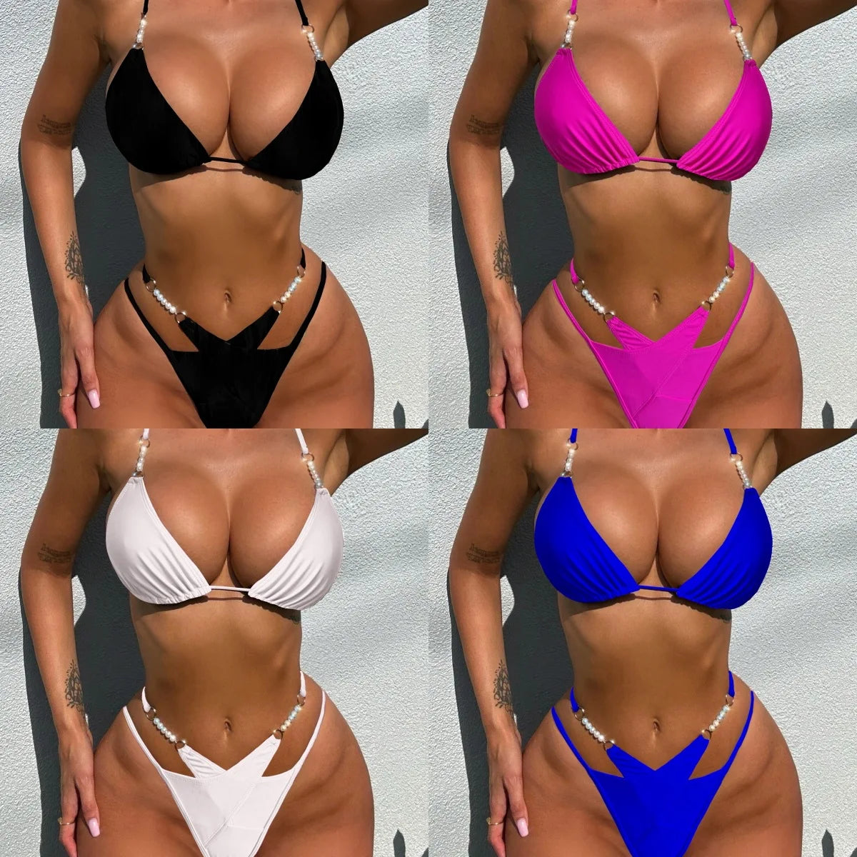 Women Sexy Bikini Faux Pearl Swimsuit Solid Trikini Brazilian Bikinis Set Feminine Beachwear Adjustable Bath Suit Dropshipping