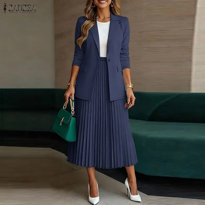 Women's Elegant Office Wear Skirt Suits Long Sleeve Blazer & A-Line Pleated Skirt 2 Pieces Sets ZANZEA Fashion Skirt Sets Outfit