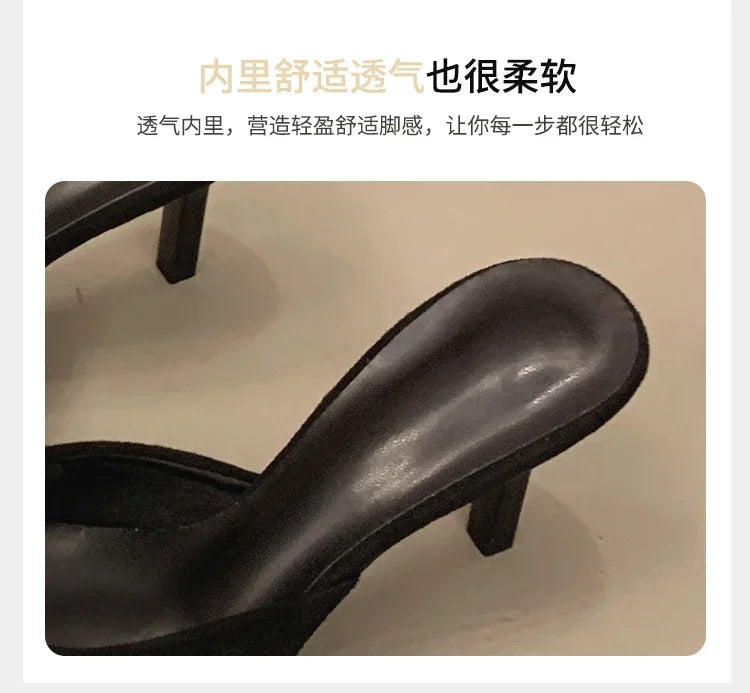 2026 Summer New Women's Shoes Black Velvet Effect Studded Backless One-foot Stiletto Sandals Women's High Heels Zapatos De Mujer