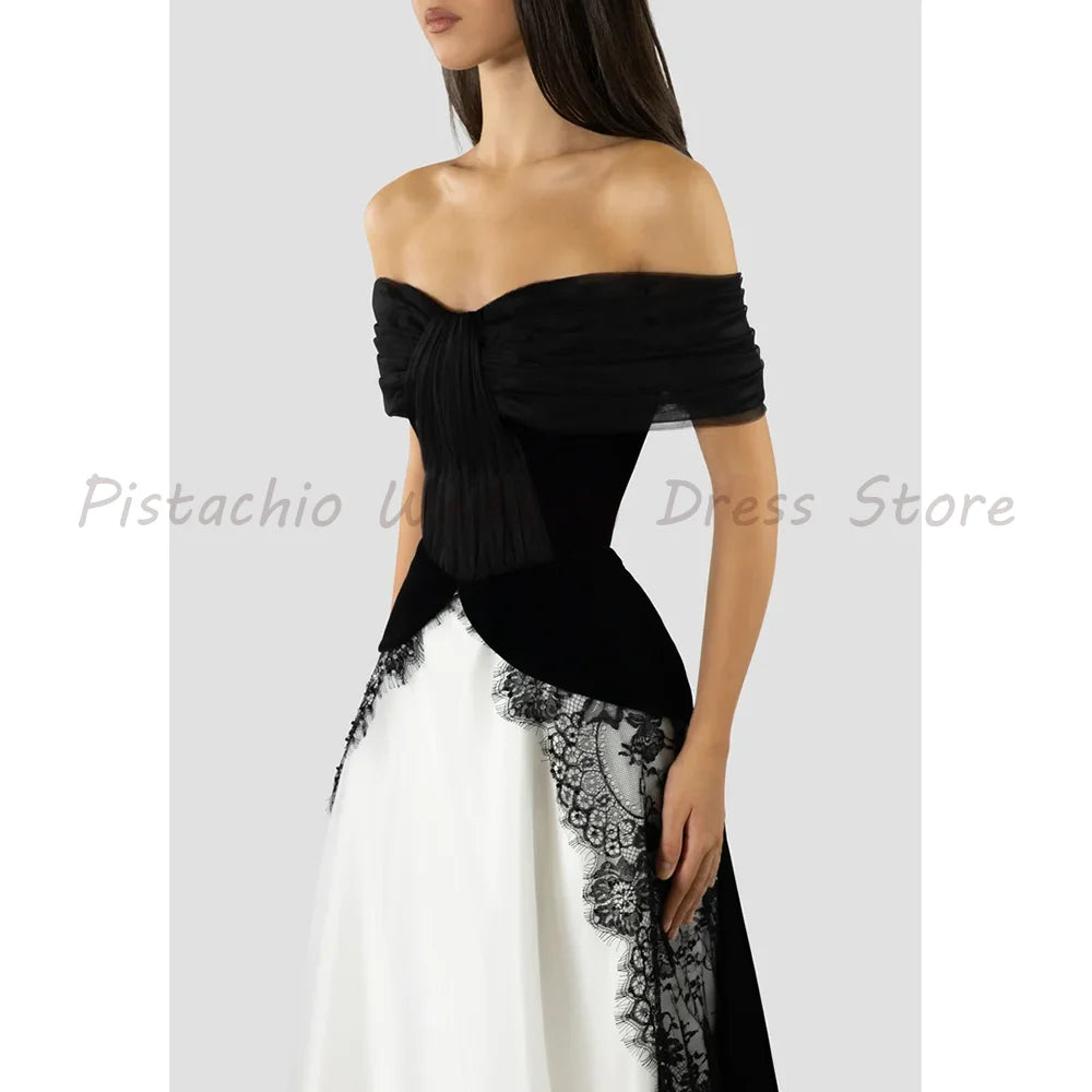 Black White Contrast Evening Dress Off Shoulder Sweetheart Neck Black Lace Trim A‑Line Floor Length Formal Wedding Guest Gown