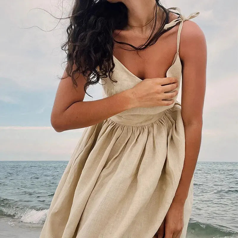 Sleeveless Backless Long Dresses Women Summer Sexy Elegant V-Neck Solid Chic Holiday Beach Dresses Vintage Female Party Vestidos