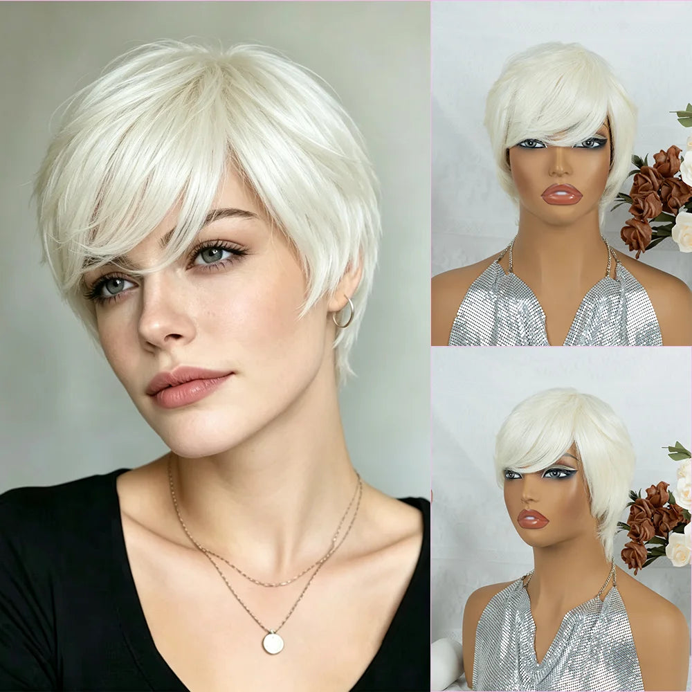 Platinum Blonde Short Pixie Cut Wigs Human Hair Layered Straight Human Hair Wigs with Bangs Soft Hair for Women Machine Made Cap