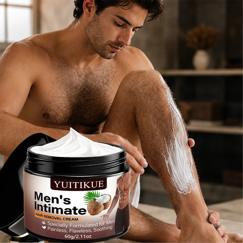 YUITIKUE Men's Intimate Hair Removal Cream 60g - Painless Depilatory for Body & Private Area, Coconut Extract Gentle on Skin