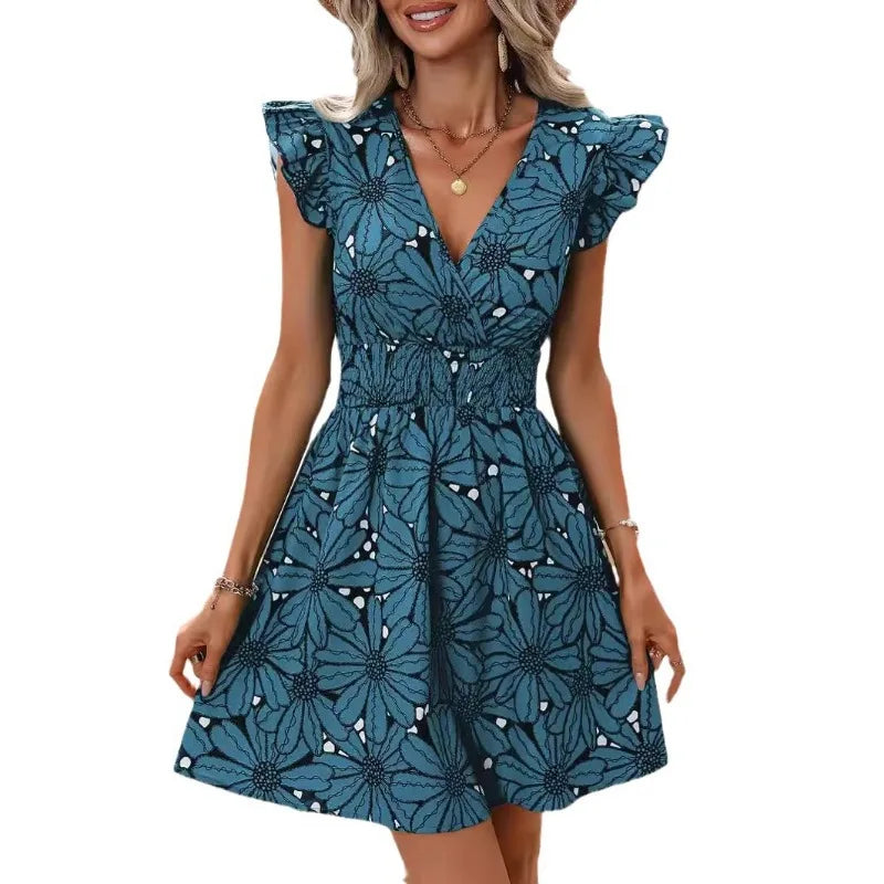 Elegant Vacation Dresses Women's V-Neck Sleeveless Chic Flower Print A-Line Dress
