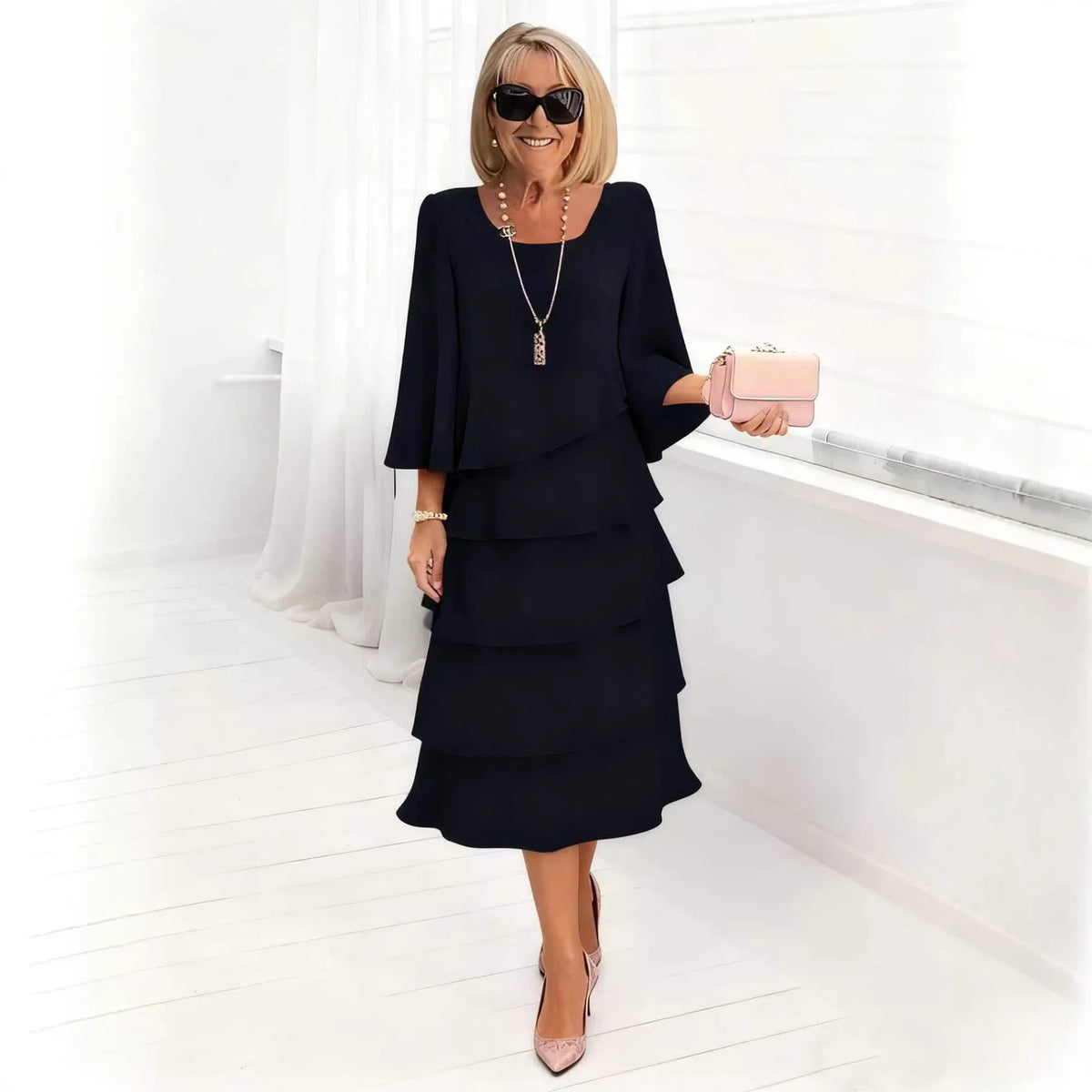 Vestidos De Mujer Summer New Solid Color Layered Ruffle Loose Mid-length Sleeve U-neck Dress Women Elegant Formal Occasion Dress