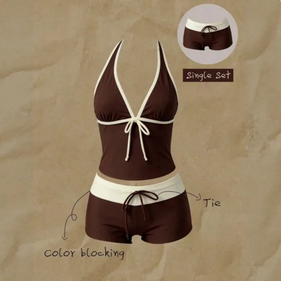 Women Beach Style Bikini Swimwears 2-Piece Tankini Suits Halter V-Neck Tie Cami Top Bodycon Contrast Waistband Swim Beachwear