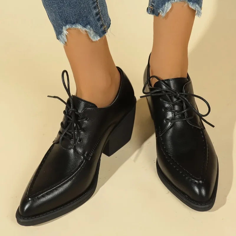 Coarse Heel Shoes Spring New Pointed Head Deep Mouth Front Lacing Set Foot Anti-slip Wear-resistant Heel Shoes