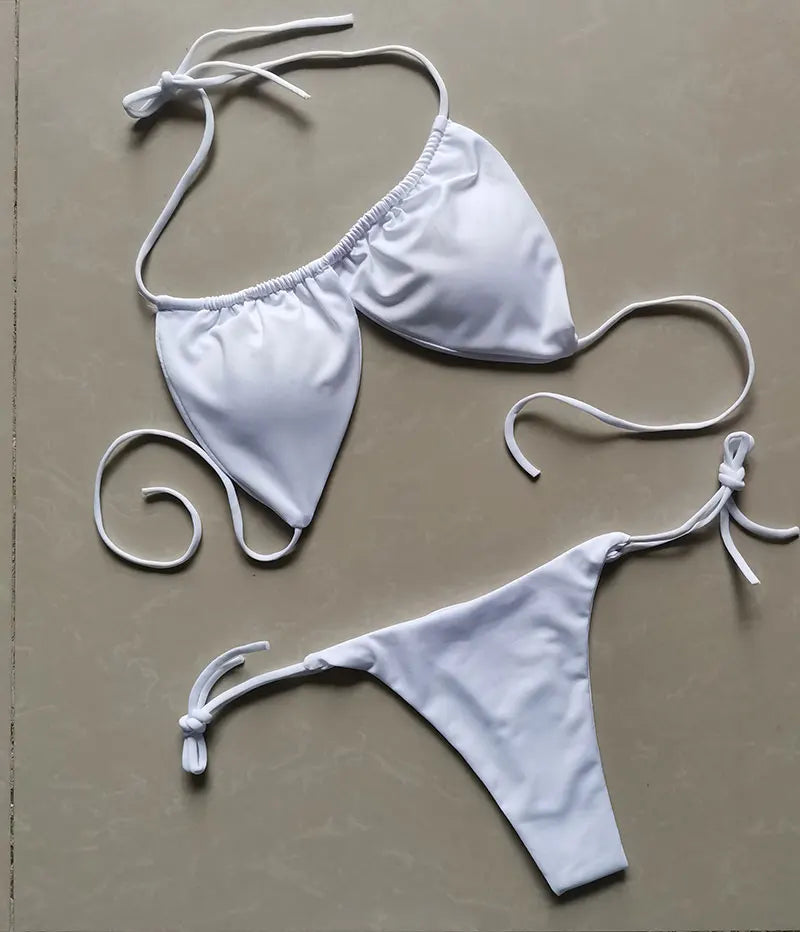 Summer Sexy Bikini set Push-up padded Bra Thong Split Swimwear Female Bandage Bathing Suit Adjustable Lacing Swimsuit Solid