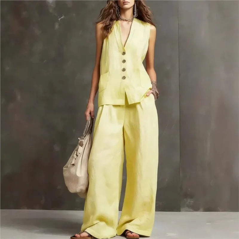 Women's Fashion Solid Linen Cotton Casual Two Piece Sets Summer V-neck Single-breasted Vest Top And Wide-leg Trousers Outfits