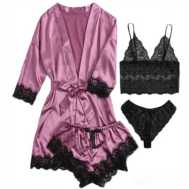 4-piece women's luxurious V-neck pajama nightgown sexy lace satin halter bathrobe silk satin home nightgown home sexy pajamas