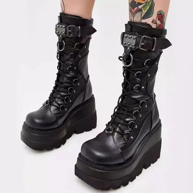 Women High Boots Cosplay Mid-calf Boots High Platform Wedges Boots 2023 Autumn Winter New Designer Gothic Shoes for Women Botas