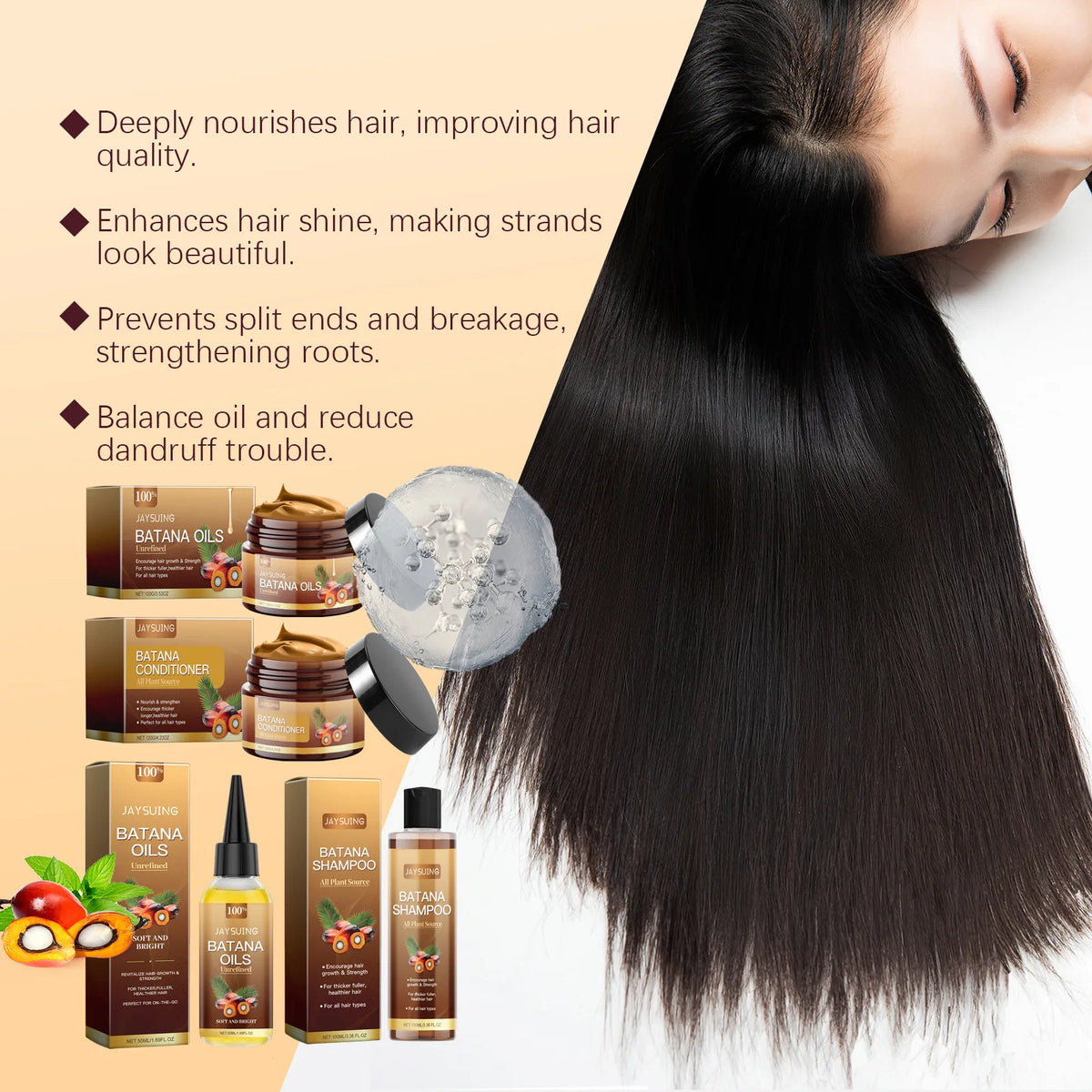 Hair Care Product Batana Oil Shampoo Conditioner Repair Split Ends Frizzy Damage Moisturize Smooth Shiny Keratin Hair Mask Serum