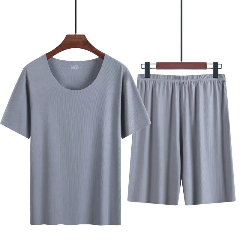 Men's Two-Piece Ice Silk Pajamas Men's Summer Thin Modal Short-Sleeved Pajamas Homewear Men's Large Size Pajamas Homewear Set