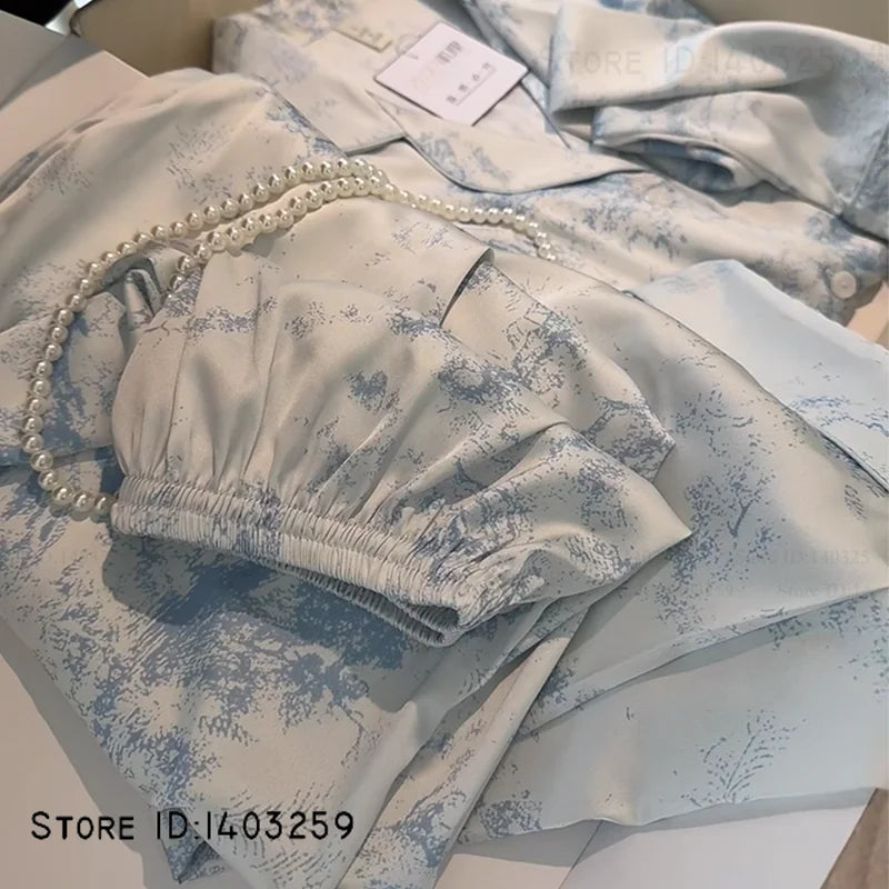 New Women Pijamas Silky Satin 2PCS Pajamas Set Sleepwear Spring Autumn Trouser Lounge Wear Loose Casual Female Homewear Lingerie