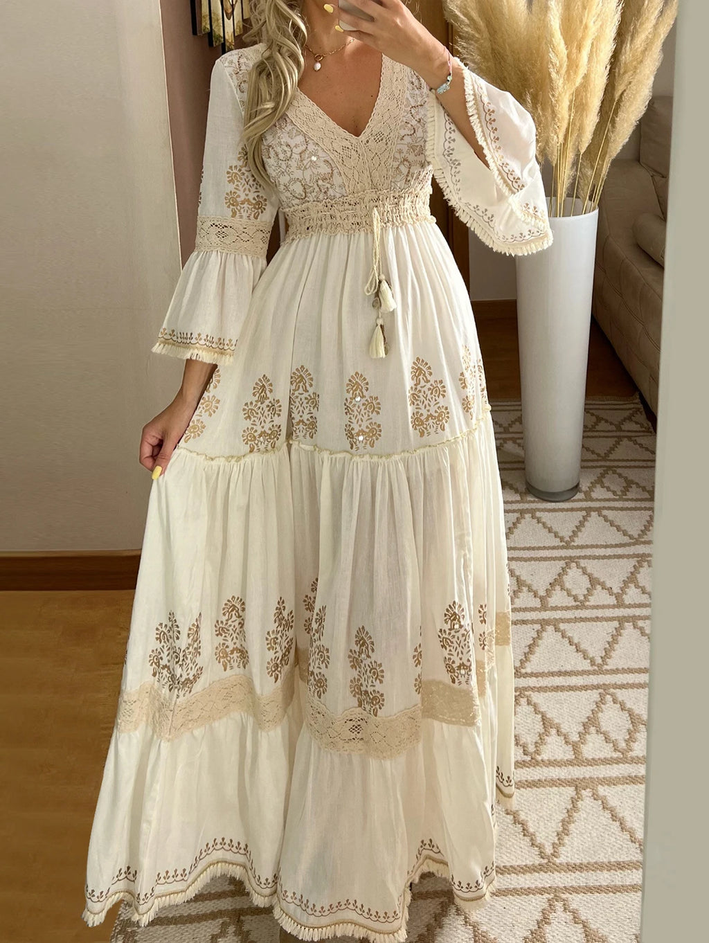 Women's Summer Boho Floral Print Long Dress Sexy V-Neck Dresses Female Beach Holiday Flowy Dress Ladies Elegant Vintage Vestidos