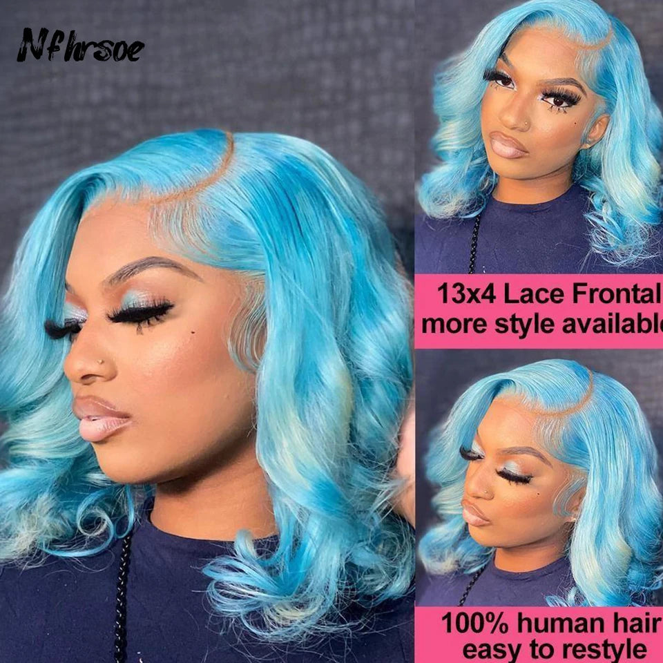 Brazilian Colored Human Hair Wig For Women Light Blue Short Straight Bob Transparent Lace Frontal Wigs For Women Pre Plucked
