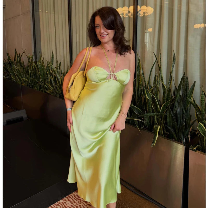 MUJER Sexy Satin Long Dresses for Women off Shoulder Corset Dress Woman Summer Party Midi Dress Women Beach Halter Women's Dress