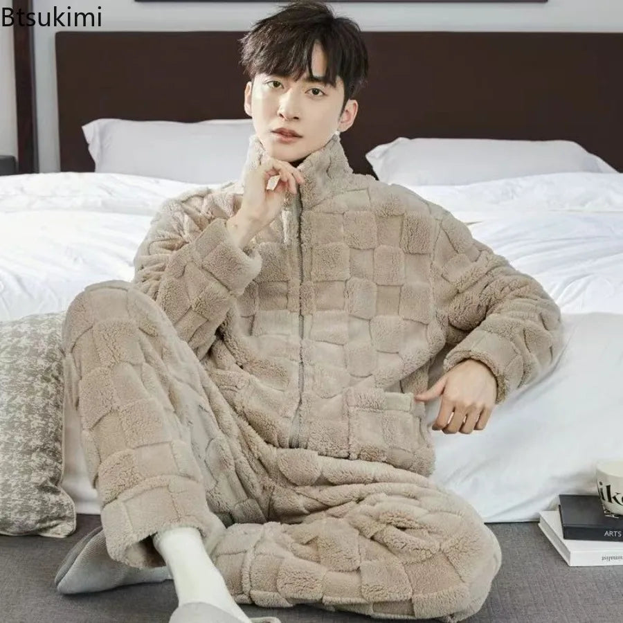 2025 Plaid Pajamas for Men Coral Fleece Sleepwear Sleeping Night Wear Zipper Pijama Two Piece Sets Autumn Winter Warm Home Suit