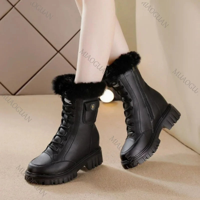 Winter Women's Retro Chunky Snow Boots Fur Platform High Heels Shoes for Women Solid Belt Buckle Warm Furry Cotton Short Botas