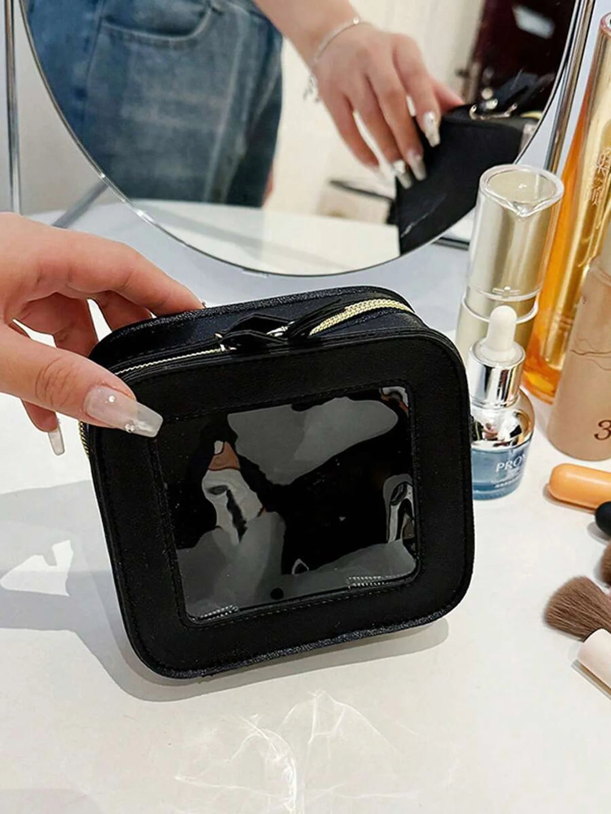 1 piece mini makeup bag - women's small makeup bag, waterproof travel toiletry bag, transparent console organizer bag with transparent window and gold zipper, lunch bag, travel bag, women's bag, small makeup bag/small makeup