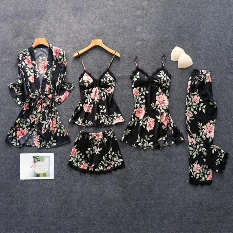 2026 Pajamas for Women Summer Sexy Pajamas Five-piece Set Suspender Pajamas for Women Home Wear with Chest Pad Bathrobe