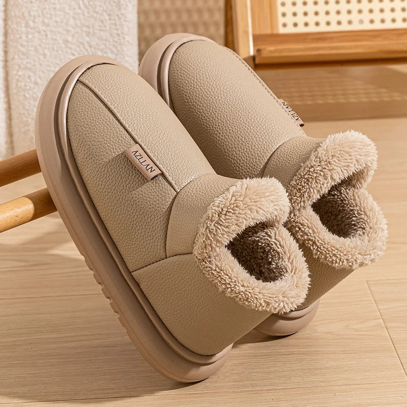 Warm Winter Snow Boots For Men Women PU Leather Waterproof House Slippers Thick Sole Fleece Lined Indoor Outdoor Couple Booties