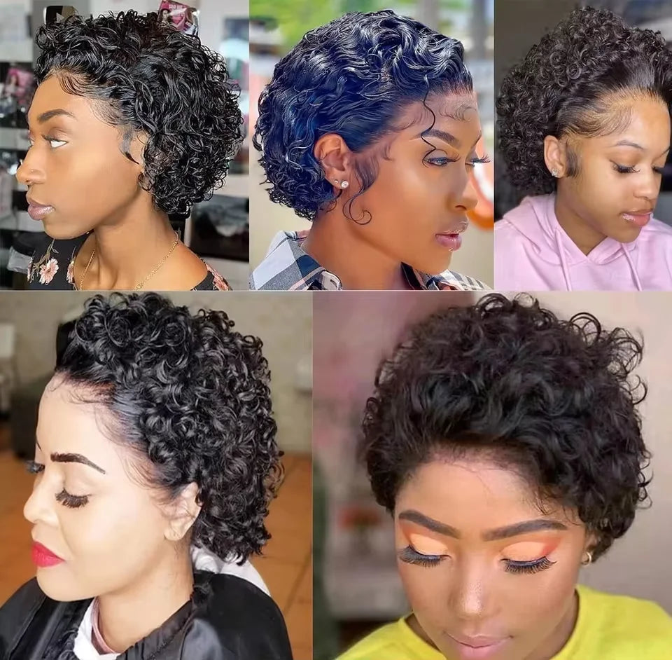 Pixie Cut Wigs Human Hair Short Curly Lace Front Human Hair Wigs Brazilian 13x1 Transparent Lace Wigs  Water Wave Bob Wig