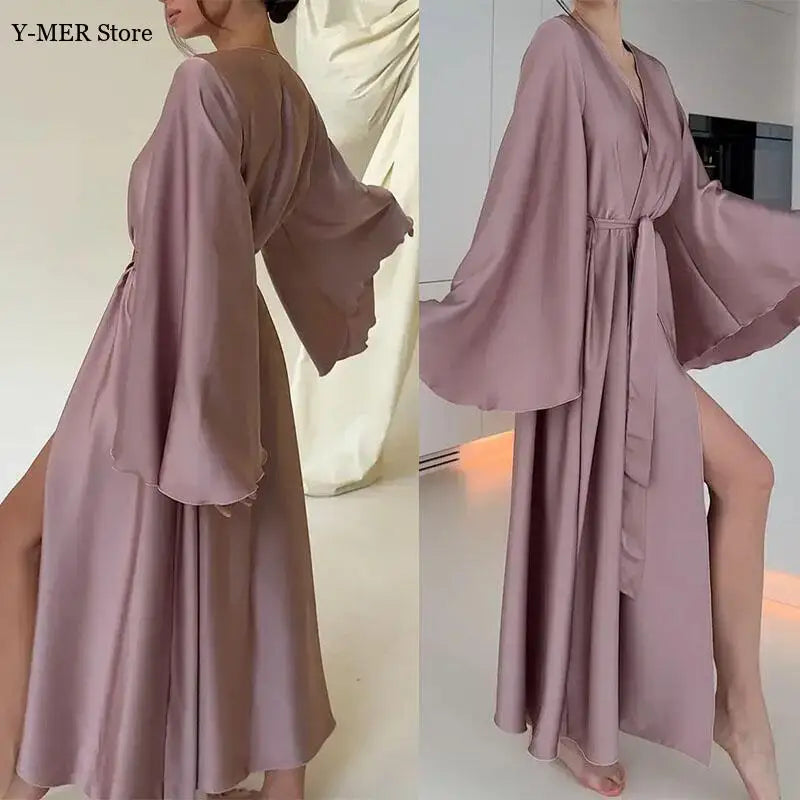 Women's Dress New Spring Summer Satin Loose Robe Sexy High Waisted Split Party Dresses Casual Multi-Color Lace Up Dress Vestidos