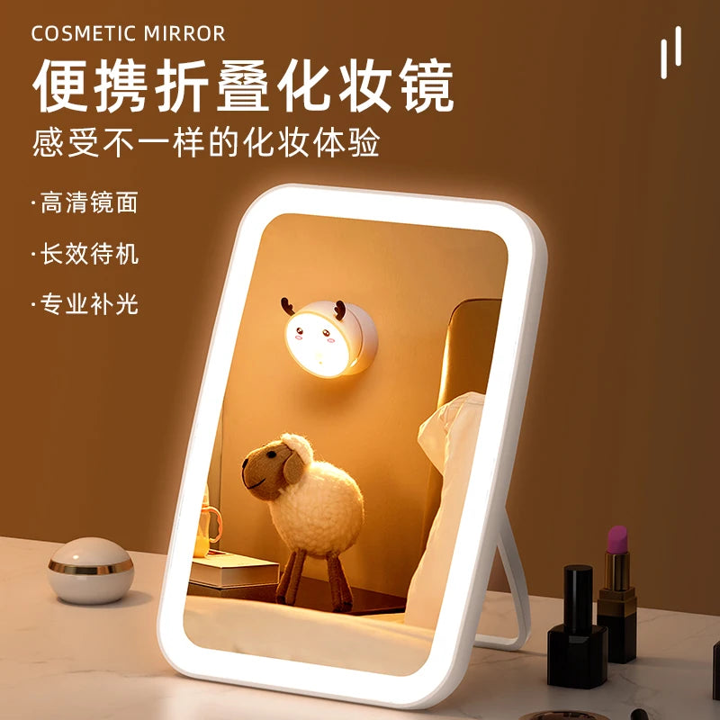 LED makeup mirror with light, battery-operated desktop foldable small makeup mirror for female students