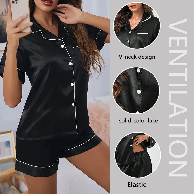 Women's Silk Pajamas Two-Piece Set Casual Comfortable Ladies Sleepwear Homewear Buttons Tops and Trousers Solid Nightwear