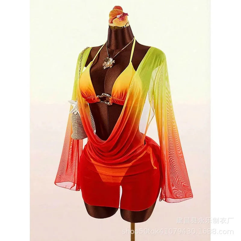 Women Bikini Triangle Top High Waist Bottom Beachwear With Shorts Women's Swimwear Halter Neck Orange Two Piece Swimsuit