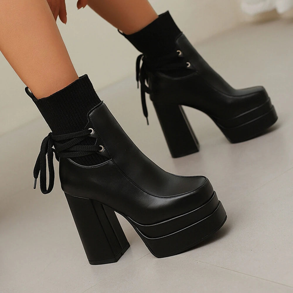 Botas De Mujer Spring Autumn Short Boots Womenthick High Heels Dress Round Head Goth Platform Boots Plus Size 34-50 338-35