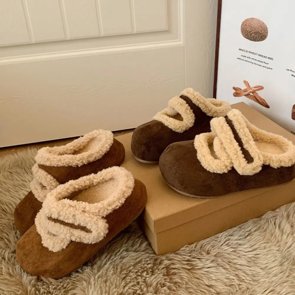 Comfortable Round Head Suede Warm Slippers Anti-slip Soft Coral Fleece Slippers Thick Bottom Casual Retro Winter Shoes Women
